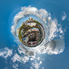 Wall Mural - simple tiny planet without buildings in blue sky with beautiful clouds. transformation of spherical 