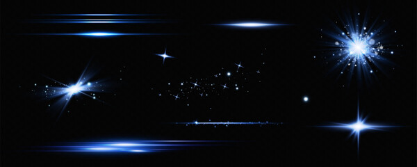 Wall Mural - vector illustration in blue color. set of light effects. glare and flash. bright beams of light. glo