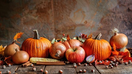 Poster - Fall harvest scene featuring pumpkins apples hazelnuts corn ginger onion and cinnamon on wooden backdrop