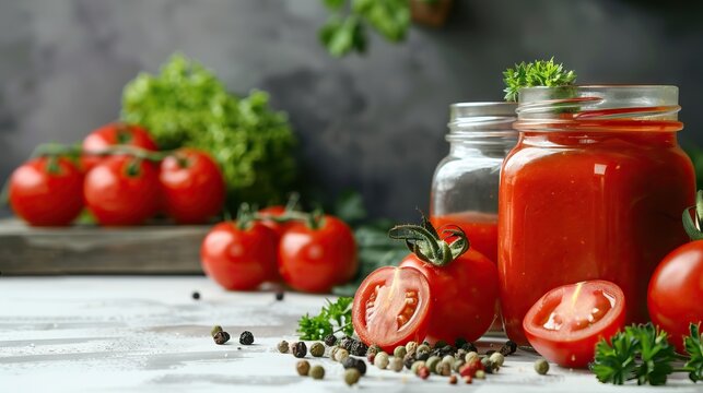 Tasty homemade tomato sauce in glass jar and fresh vegetable on white background