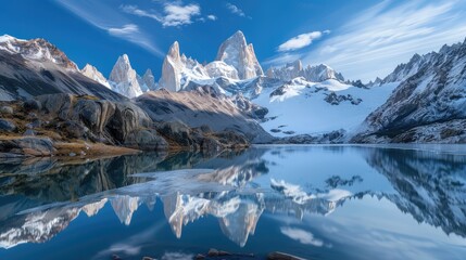 Wall Mural - Snow-capped mountain range towering over a tranquil alpine lake reflecting the peaks.