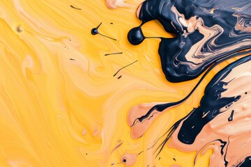 Poster - Black and gold paint is mixing with a vibrant yellow creating swirls and interesting patterns. This colorful image would work well as a background