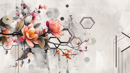 Wall Mural - Modern canvas art blending vintage florals and geometric hexagons.