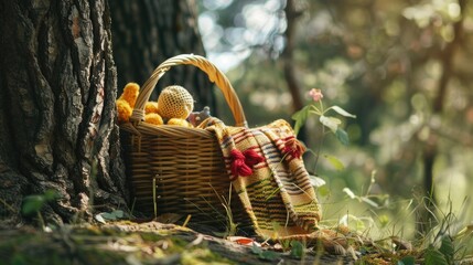 Wall Mural - Ecological toys in gold and red hues in a wooden basket next to a tree