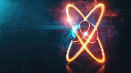 Glowing abstract atom illustration with neon orbits, smoke effects
