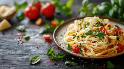 Poster - Fresh linguine pasta with cherry tomatoes and herbs on plate