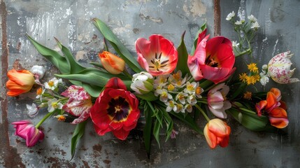 Vivid tulip and flower arrangement on rustic wall Bird s eye view