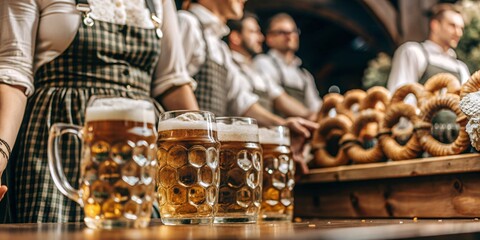 Wall Mural - Background for a Banner on the Oktoberfest Theme. Warm, inviting scene at an Oktoberfest celebration showcasing frosty beer mugs, traditional Bavarian attire, and festive pretzels.