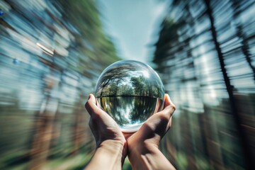 Wall Mural - hands holding a glass globe surrounded by a green forest environment.