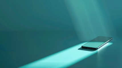 Smartphone illuminated by ray of light on blue backdrop