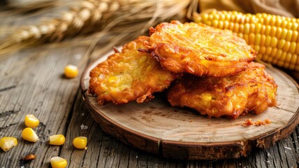 Golden corn fritters on wooden board, cobs and scattered kernels