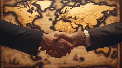 Wall Mural - Business man shaking hands in front of world map.