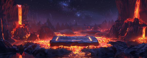 A surreal fire lava podium setup with a transparent podium floating above streams of molten lava. The background includes glowing lava caves and volcanic formations under a starry night sky.