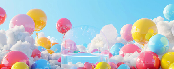 A whimsical podium balloon background featuring a transparent podium floating above a sea of colorful helium balloons in various shapes and sizes. The backdrop is filled with fluffy clouds against a