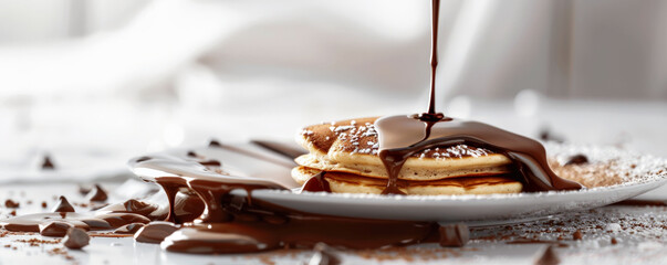 An artistic chocolate scene featuring melted chocolate being poured over a stack of pancakes, set against a clean, white background. The contrast highlights the richness of the chocolate.
