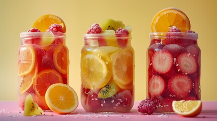 Wall Mural - Vibrant jars filled with fresh fruit infused water featuring lemon, kiwi, raspberries, and oranges, capturing a refreshing and healthy beverage.