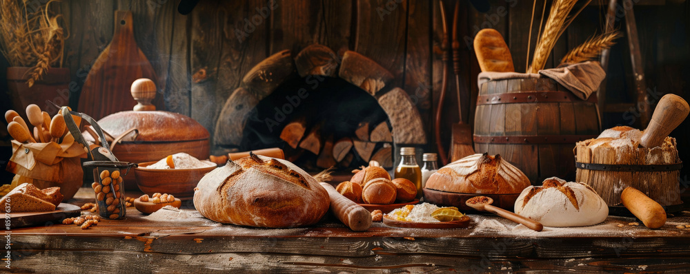 Making Bread Background Bread bakery background featuring a rustic wooden table filled with ...