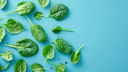 Wall Mural - Fresh spinach leaves on blue background, scattered in aesthetic pattern