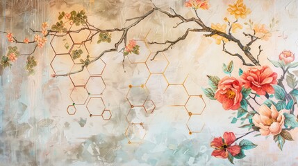 Wall Mural - Hexagon-themed botanical oil painting featuring vintage flowers and branches.