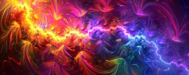 Design art background showcasing a digital fractal design in bright neon colors, complex and mesmerizing