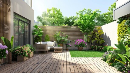 Outdoor view of a modern home terrace with wood flooring