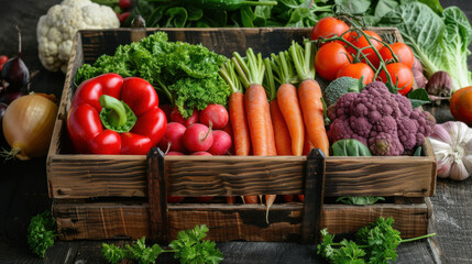 Poster - Assortment of fresh vegetables in a rustic wooden crate, showcasing healthy, organic produce for farm-to-table lifestyle.