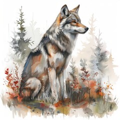  A majestic wolf sits amidst a serene forest landscape, showcasing a watercolor style.  The wolf's fur is detailed and its expression is captivating.