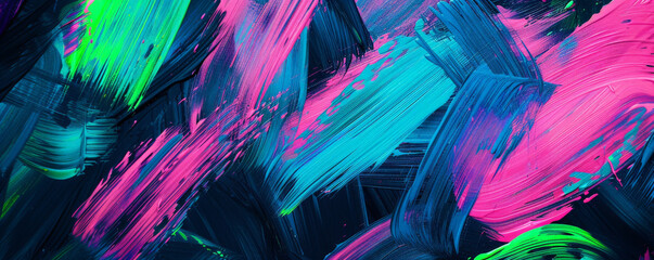 Wall Mural - Neon Night: Bright neon brush strokes in electric pink, green, and blue on a black background, creating a vibrant and energetic nightlife feel.