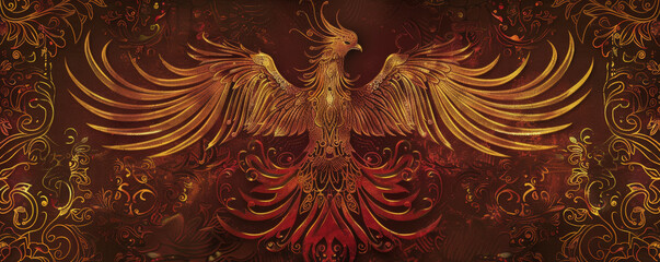 Wall Mural - Phoenix bird background featuring a luxurious, opulent design, with the bird in rich golds and deep reds. The backdrop includes ornate patterns and textures, creating a regal feel