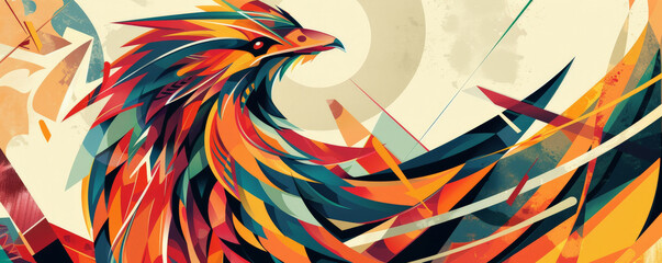 Wall Mural - Phoenix bird background with a bold, graphic design, showcasing the bird in vibrant colors and sharp lines. The background includes abstract shapes and a striking color contrast