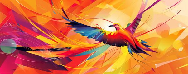 Wall Mural - Phoenix bird background with a bold, graphic design, showcasing the bird in vibrant colors and sharp lines. The background includes abstract shapes and a striking color contrast