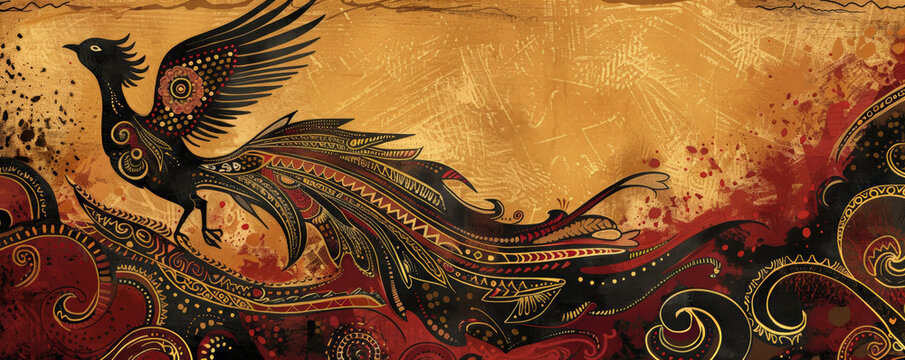Phoenix bird background with a tribal design, featuring intricate patterns in red, black, and gold. The bird stands out with bold lines and shapes, set against a textured, earthy backdrop