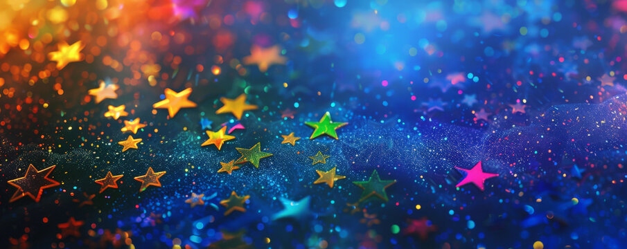Pride LGBT background with a collection of rainbow-colored stars scattered across a deep blue night sky, magical and enchanting