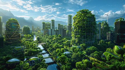 A futuristic cityscape featuring green architecture and abundant vegetation, showcasing a harmonious blend of nature and modern technology for a sustainable urban environment.