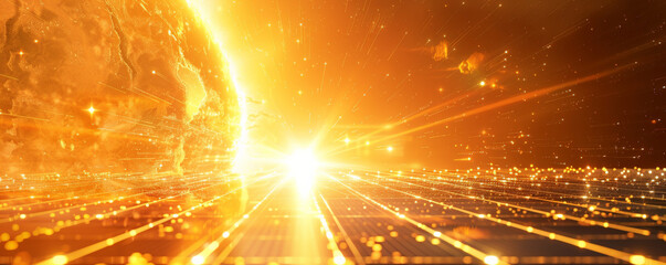 Solar energy background with a high-tech solar panel array, set against a digital representation of the sun. The image merges technology and renewable energy.