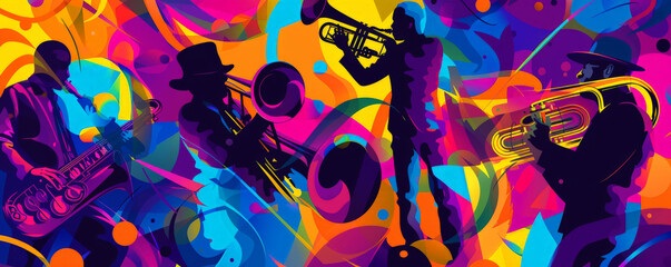 Wall Mural - Vibrant jazz festival background with bright, bold colors and abstract shapes. The dynamic design captures the energy and excitement of a live jazz festival.