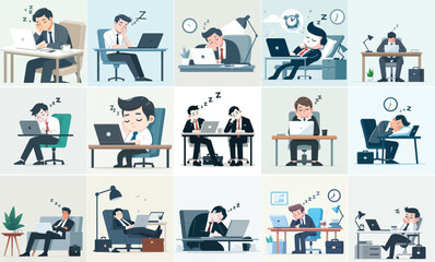 vector set of business people sleeping in front of a laptop in flat design style