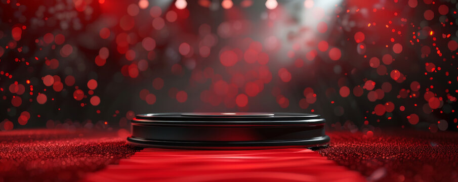 Winner award podium background showcasing a sleek black podium with chrome details, set against a vibrant red carpet and flashing camera lights, evoking the excitement of a red carpet event