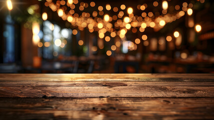 Wall Mural - Empty wood table top on blur light gold bokeh of cafe restaurant in dark background