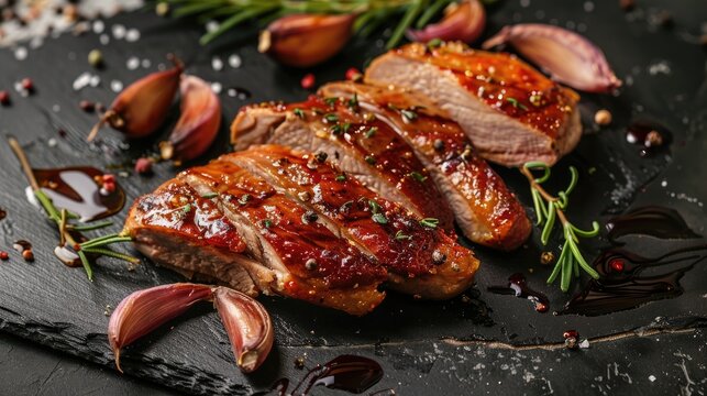 Duck breast meat cooked tastefully as a rustic appetizer
