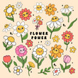 © Natsicha - Vibrant Retro groovy Spring flower power vintage flower characters collection doodle line drawing