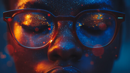 Wall Mural - A woman's face is covered in glitter, and she is wearing glasses. The image has a dreamy, ethereal quality to it, as if the woman is looking into a mirror and seeing a different version of herself