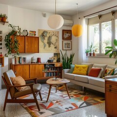 Vintage decoration with retro chair, sofa, lamps, old furniture, air conditioning, mid century print cushions. Holiday apartment with a terrace and view.