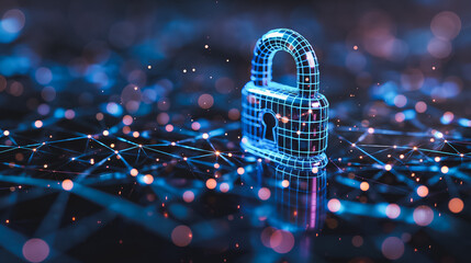 Poster - A lock is shown in a blue and purple color scheme. The lock is surrounded by a network of lines and dots, giving the impression of a futuristic, high-tech security system