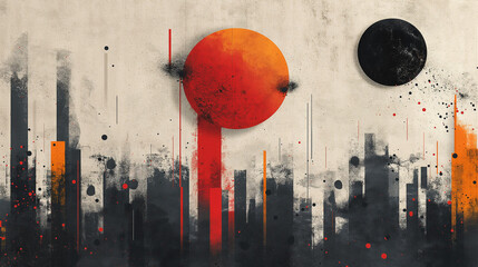 Poster - A painting of a city with a large red circle in the middle and a large black circle on the right