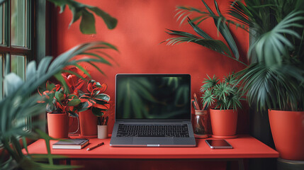 Poster - A laptop is on a red desk with a plant on the left side