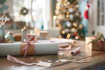 A festive wrapping station with colorful wrapping paper and ribbons, ready for holiday gift preparation.