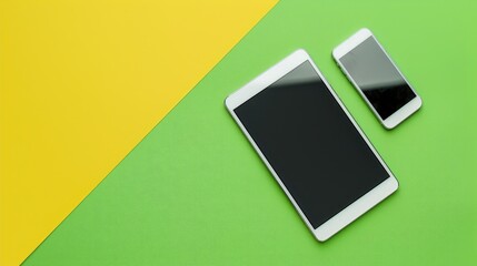 Poster - digital tablet and smartphone displayed from above on green and yellow background