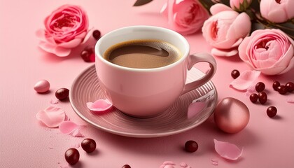 Wall Mural - a cup of fresh coffee on pink background