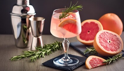 Wall Mural - pink grapefruit and rosemary gin cocktail served in prepared gin cocktail glass